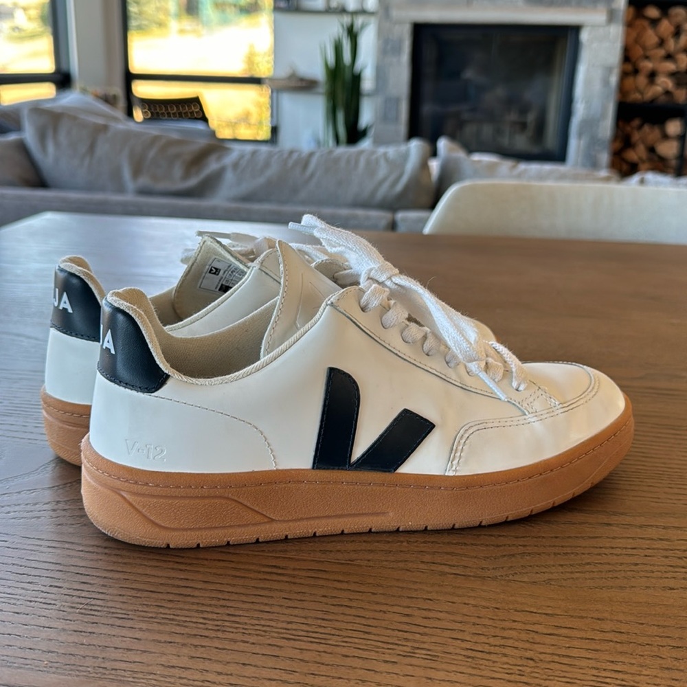 Veja V-12 dark navy and white with gum sole